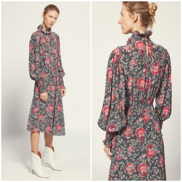 💕ISABEL MARANT ETOILE💕 Yescott Asymmetric 100% Silk Midi Dress Floral Print 40 - Picture 1 of 16